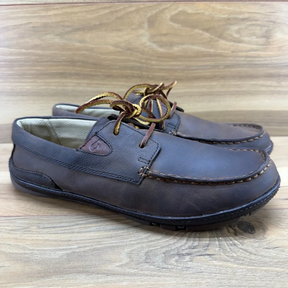 Olukai Mano Boat Loafers Mens 8 EU 41 Brown Leather Moc Toe Shoes
